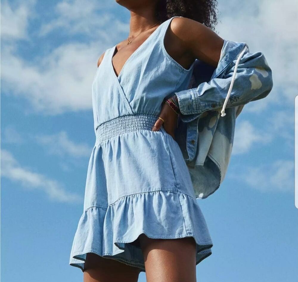 AEO American Eagles Chambray Denim Ruffle Romper